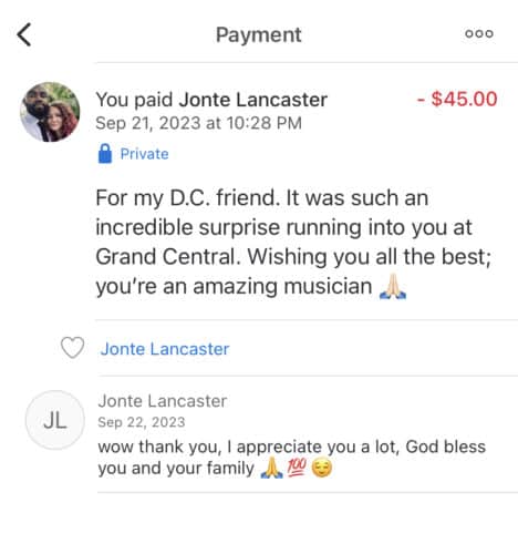 screenshot of Venmo interaction