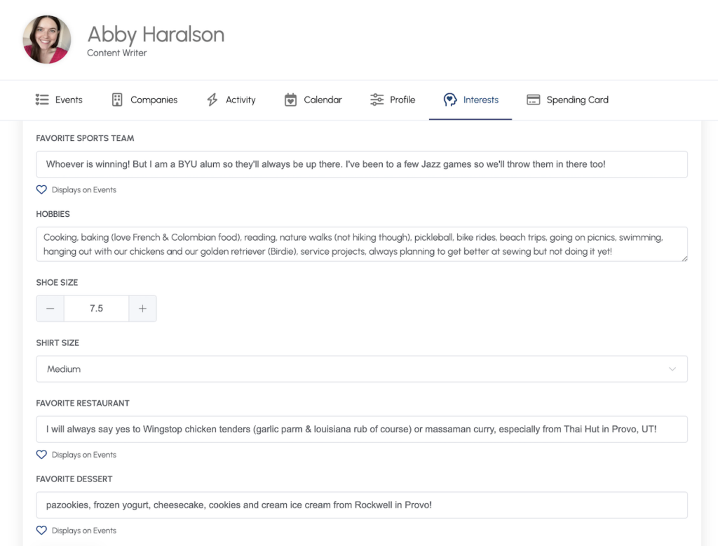 Screenshot of Abby Haralson's interest board in build then bless software